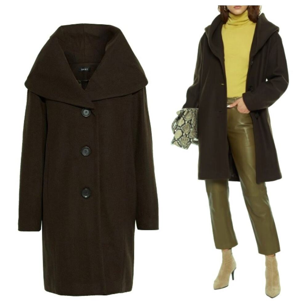 NEW DKNY Coat Jacket XL‎ Wool Blend Shawl Collar Overcoat Lined Moss Green